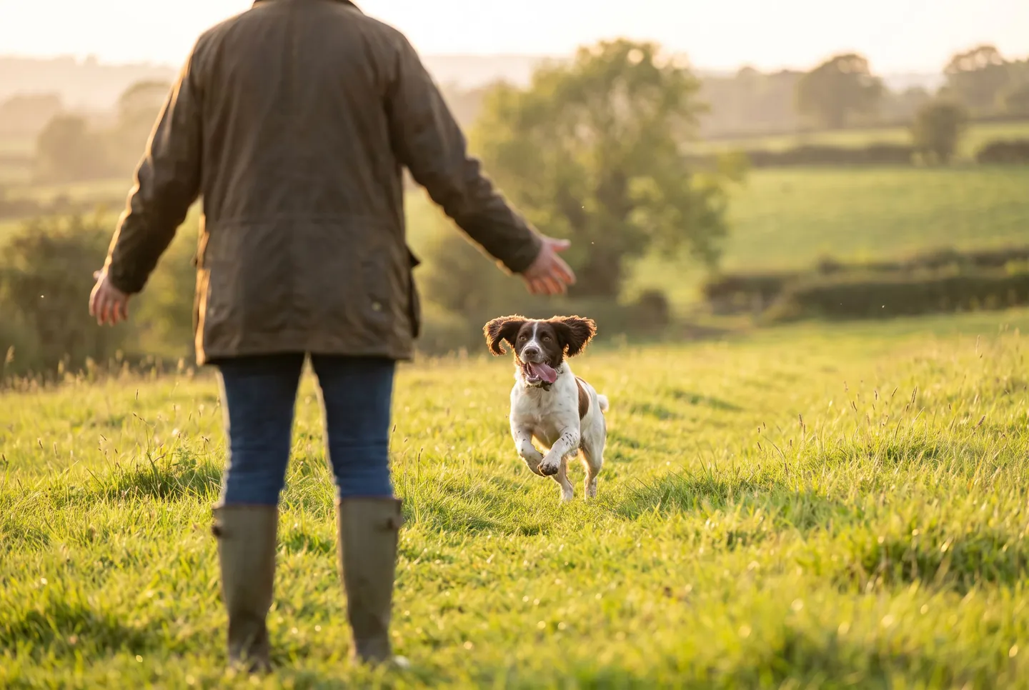 A gundog running joyfully back to its owner across a golden field