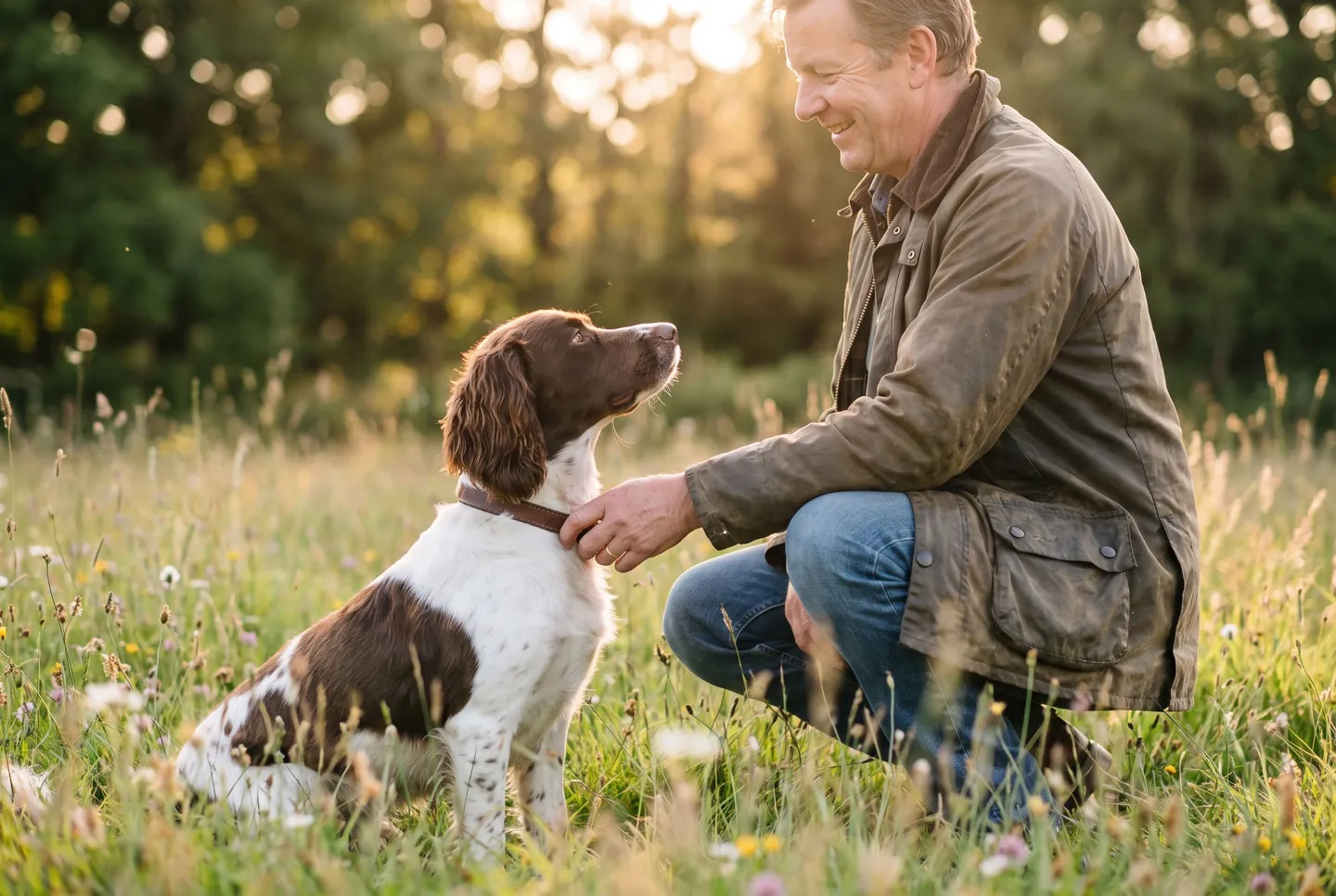 An owner unclipping the lead from a calm, trusting gundog in a sunlit meadow