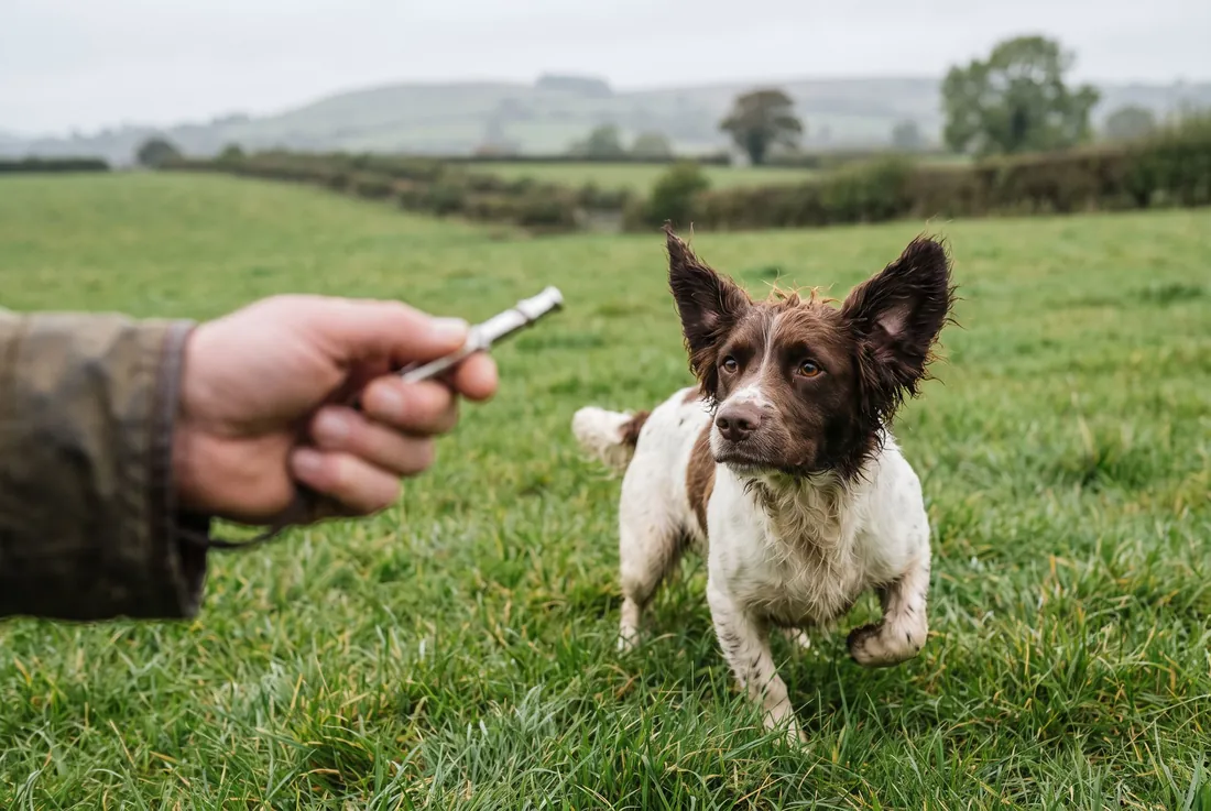 A spaniel turning back to the whistle